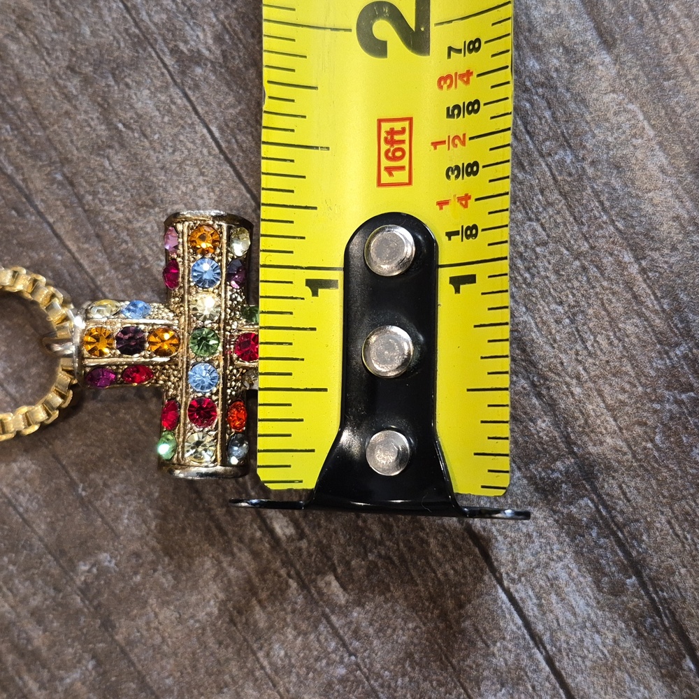 Colorful Rhinestone Gold Tone Cross Pendant Thick Gold Chain Necklace/Brooch - Picture 12 of 14